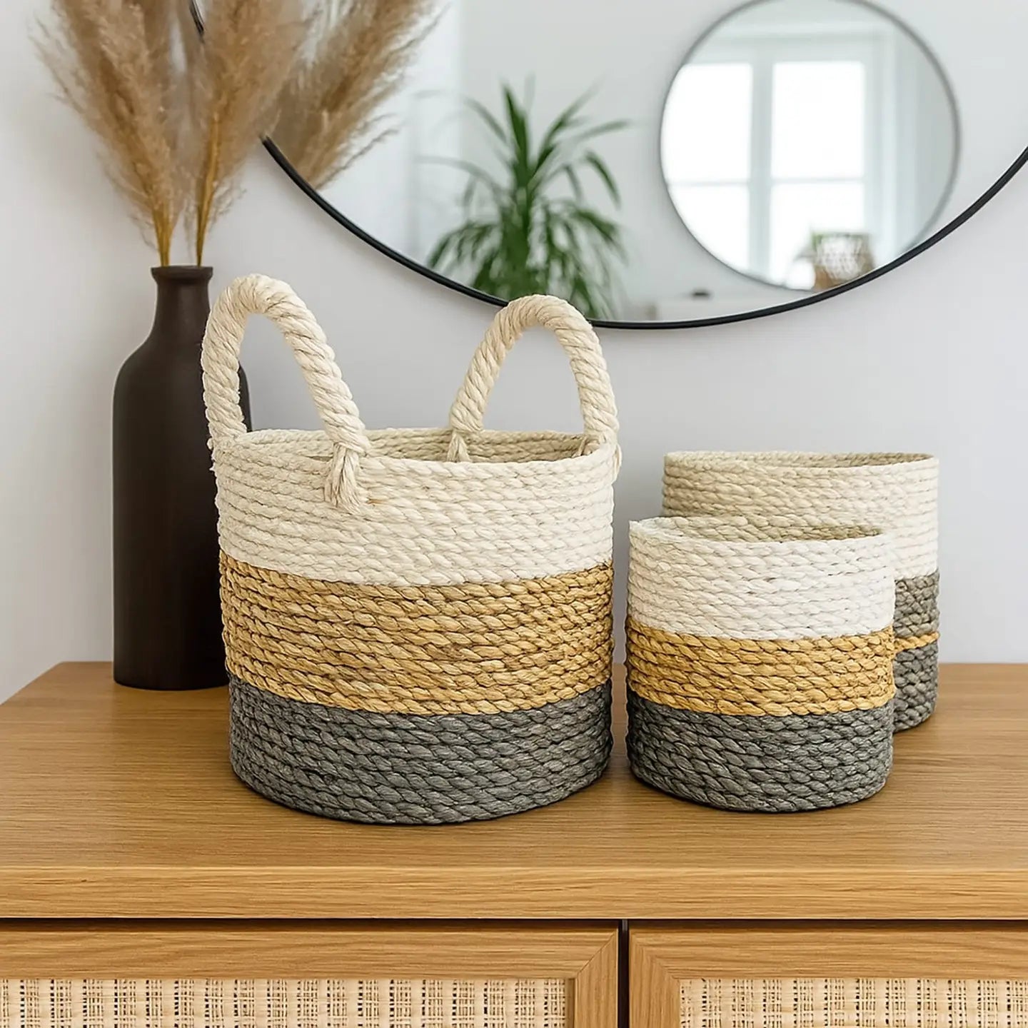 Set of 3 Handwoven Algae Baskets with Handle